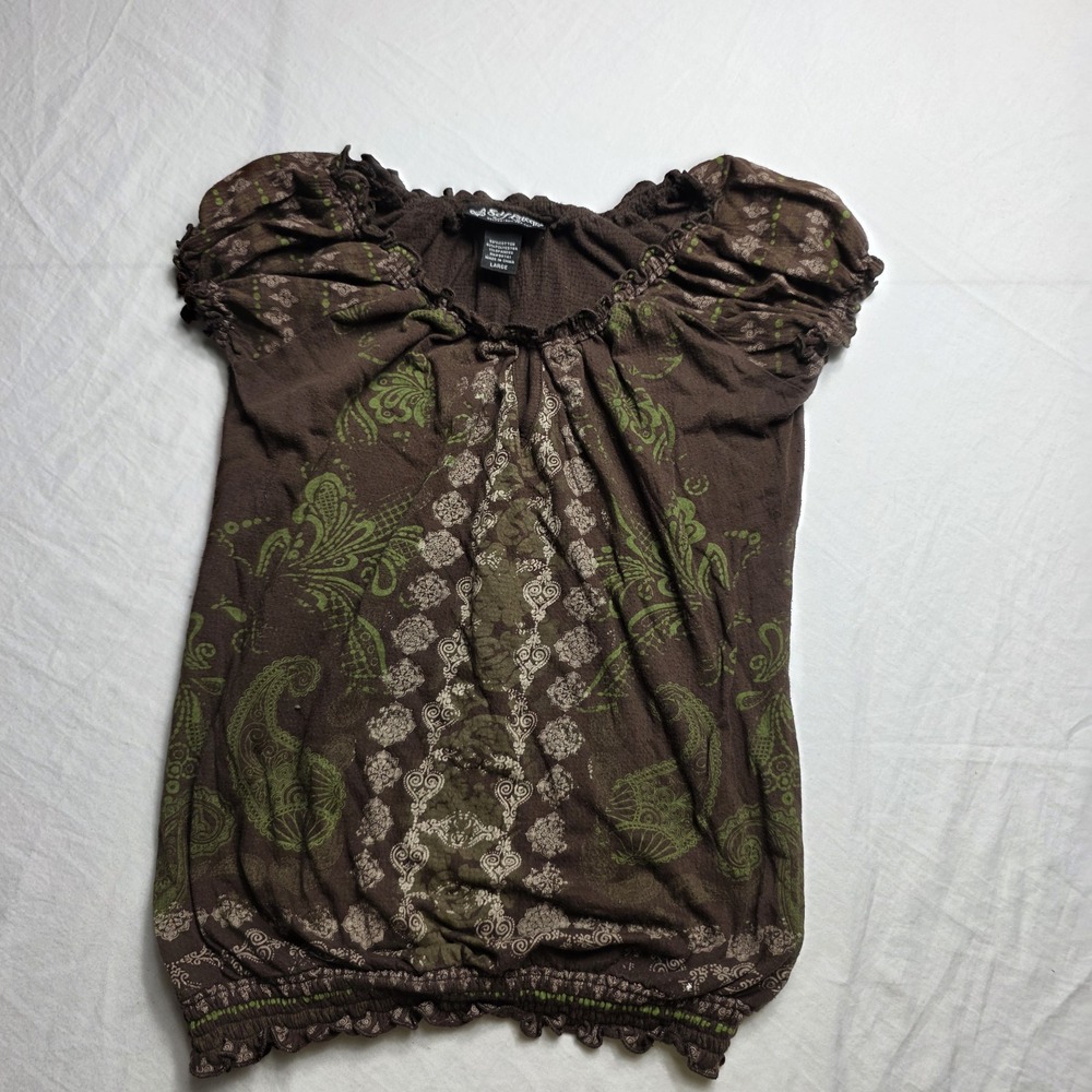 self esteem women's shirt boho fairy grunge cap sleeve brown green large y2k
